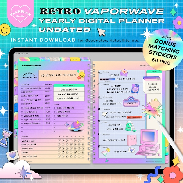 Retro Vaporwave Digital Planner, iPad Planner, Goodnotes Planner in Retro Computer Aesthetic, Undated Digital Journal Goodnotes Notability