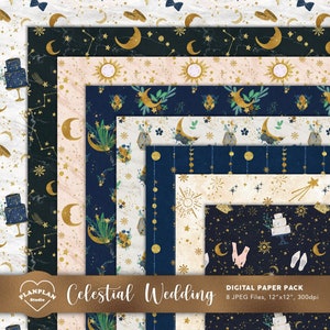 Himmlische Hochzeit, digitales Papier, Sternenhochzeit, nahtloses Muster, handgezeichnete Aquarell-Glitzerhochzeit, DIY-Hochzeitsgrafik-Ressourcen