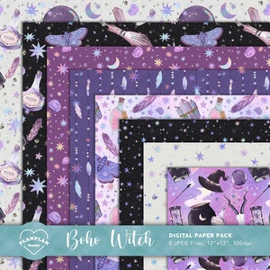 Könnte beinhalten: Ein digitales Papierpaket mit 8 verschiedenen Mustern im Boho-Hexen-Stil. Die Muster beinhalten Sterne, Monde, Kristalle, Federn, Tränke und einen Hexenhut. Die Muster sind in den Farben Lila, Rosa und Schwarz gehalten.