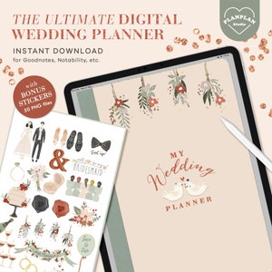 Pode incluir: Um planeador de casamento digital na tela de um tablet com um design floral e o texto "My Wedding Planner". O planeador vem com 50 adesivos de bônus, incluindo um noivo e uma noiva, flores e o texto "Suit up!" e "Will you be my bridesmaid?"