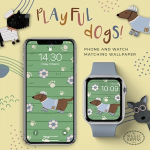 Apple Watch Wallpaper Playful Dogs, Apple Watch Face Cute Dogs, iPhone wallpaper, Daschund Wallpaper, Hand Drawn Daschund iPhone Wallpaper