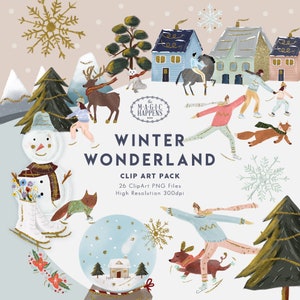 Clipart Winter Wonderland, ręcznie rysowana ilustracja świąteczna PNG, akwarelowe świąteczne zimowe cliparty, błyszczące zimowe grafiki świąteczne