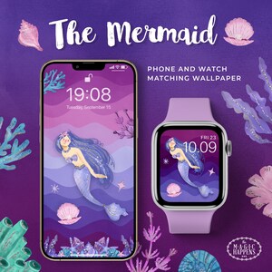 May include: A purple and blue phone and watch wallpaper featuring a mermaid with long blue hair and a purple tail. The background is a gradient of purple and blue with seashells and coral. The phone screen displays the time 19:08 and the date Tuesday, September 15. The watch screen displays the time 10:09 and the date FRI 23. The text "The Mermaid" is at the top of the image. The text "PHONE AND WATCH MATCHING WALLPAPER" is below the image. The text "the M-A-G-I-C HAPPENS" is at the bottom of the image.