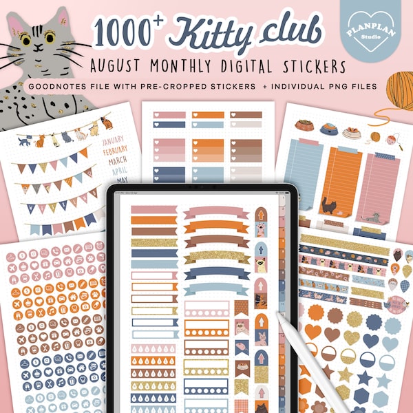 August Digital Planner Stickers in Kitty Club, Cat Digital Planner Stickers, Cat Lover Monthly Planner Sticker for Goodnotes, iPad Planner