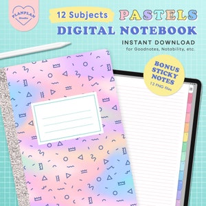 12 Tab Digital Notebook in Pastel Colors, Hyperlink PDF, Lined, Grid, Dotted, Cornell, Sticker, Bujo, Digital Planner, Goodnotes, Notability