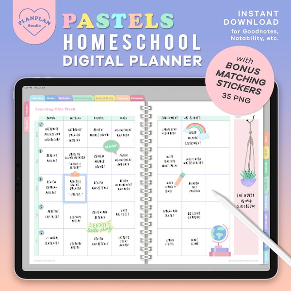 Homeschool Digital Planner in Pastels, Learning at Home Digital Planner, Homeschool Template, Pastel Cute Homeschool Planner