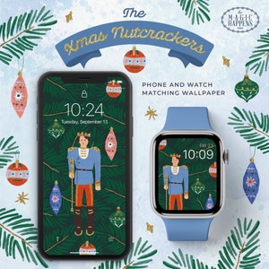 Könnte beinhalten: Ein Handy- und Smartwatch-Hintergrundbild mit einer Nussknackerpuppe in blauer und roter Uniform, die vor einem grünen Hintergrund mit Weihnachtsornamenten steht. Der Handybildschirm zeigt die Uhrzeit 10:24 und das Datum Dienstag, 13. September. Der Smartwatch-Bildschirm zeigt die Uhrzeit 10:09 und das Datum FR 23.