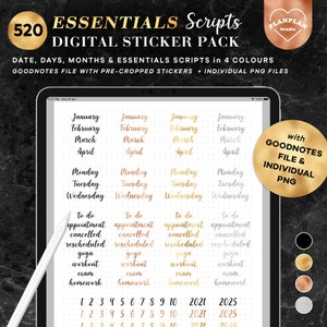 Essentials Script Digital Stickers en Gold Foil, Meses, Días, Números, Iconos Stickers for GoodNotes Notability in Rosegold Foil