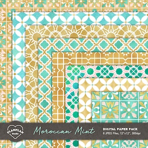 Marokkaans Mint Digitaal Papier, Pastel Ramadan Naadloos Patroon, Eid Mubarak Achtergrond, Arabische Geometrie Digitaal Papier, Eid Kaarten Goudfolie