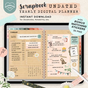 Könnte beinhalten: Ein digitaler Planer mit braunem Papierhintergrund und floralem Design. Der Planer ist für Februar geöffnet und enthält eine To-Do-Liste, Top-Aufgaben und einen Wochenplan. Der Planer enthält auch ein motivierendes Zitat: "Du wirst zu dem, woran du glaubst."