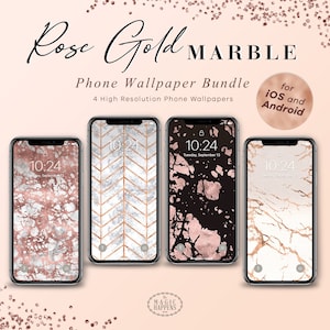 May include: A set of four rose gold marble phone wallpapers for iOS and Android. The wallpapers feature different patterns, including a chevron pattern, a cracked marble pattern, and a white marble pattern with rose gold veins.