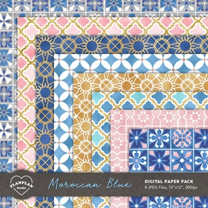 Marokkaans blauw digitaal papier, pastel Ramadan naadloos patroon, Eid Mubarak achtergrond, Arabische geometrie digitaal papier, Eid-kaarten goudfolie