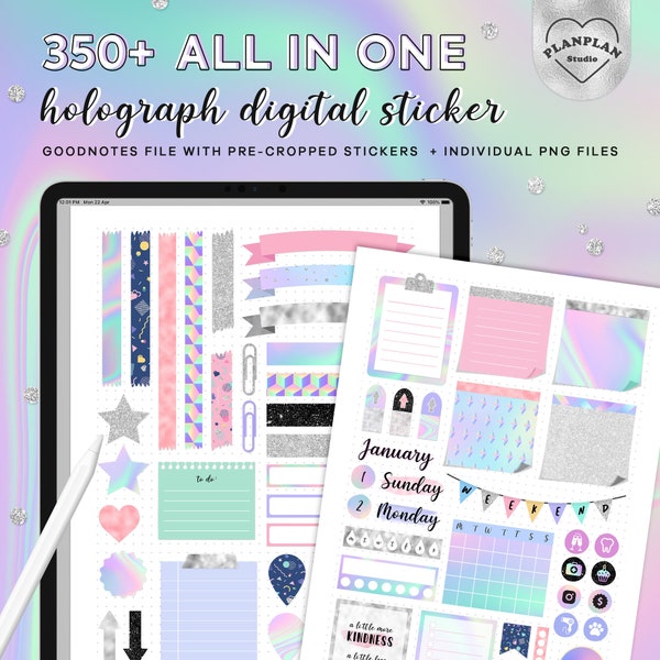 Holograph Digital Planner Stickers, Goodnotes Digital Stickers in Irridescent style, Holographic Planner Stickers for Digital Planner