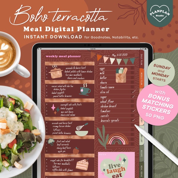 Digital Meal Planner in Boho Terracotta, Earthy Tone Aesthetic Digital Planner, Meal Templates, Quarantine Meal Planner, Digital Recipe Book