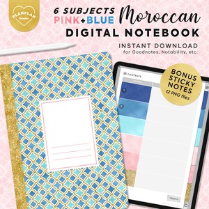 Digital Notebook in Moroccan Blue Pink Gold, Moroccan Goodnotes Notebook, Goodnotes Digital Planner, iPad planner, Lined Paper, Dots, Grid