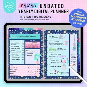 Pianificatore digitale Kawaii, pianificatore per iPad, pianificatore Goodnotes carino, pianificatore digitale a colori arcobaleno, diario digitale non datato Kawaii, notabilità