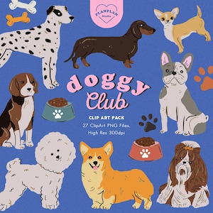 Doggy Club Clip Art, handgezeichnete niedliche Hundeillustration, Handgezeichnete niedliche Welpe Clipart, Hund PNG, Corgis Bichon Dackel Mops Illustration PNG