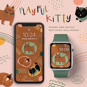 Puede incluir: Un fondo de pantalla para teléfono y reloj con un diseño de gatito juguetón. El fondo de pantalla tiene un fondo marrón con formas abstractas y una variedad de gatitos lindos en diferentes poses. El texto "PLAYFUL Kitty" se muestra en la parte superior de la imagen. La pantalla del teléfono muestra la hora 10:24 y la fecha del martes 13 de septiembre. La pantalla del reloj muestra la hora 10:09 y la fecha del viernes 23.