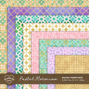 Pastel Marokkaans digitaal papier, Pastel Ramadan naadloos patroon, Eid Mubarak achtergrond, Arabische geometrie digitaal papier, Eid-kaarten goudfolie