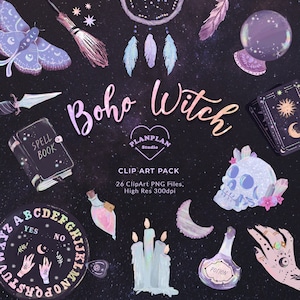 Puede incluir: Un conjunto de 26 imágenes de clipart digitales con un tema de bruja boho. Las imágenes incluyen una calavera de cristal, un libro de hechizos, una botella de poción, una tabla Ouija, velas, una luna creciente, un atrapasueños, plumas, una varita, una polilla y cartas de tarot. Las imágenes están en un estilo de acuarela con un efecto brillante.