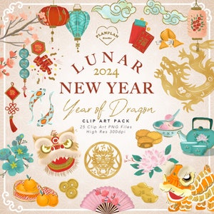 Clip Art nouvel an lunaire 2024, Illustration de l'année du Dragon dessinés à la main, des cliparts du nouvel an chinois, CNY pailleté, PNG du nouvel an chinois