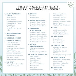 May include: A checklist for planning a wedding, with sections for basic planning tools, wedding timeline, budget, attire, guests, venue selection, ceremony and reception, hotel and transportation, vendor and services, gifts, pre-party, the big day, honeymoon, and stickers.