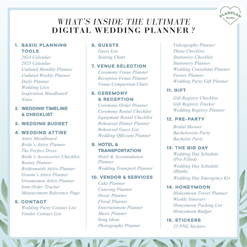 May include: A checklist for planning a wedding, with sections for basic planning tools, wedding timeline, budget, attire, guests, venue selection, ceremony and reception, hotel and transportation, vendor and services, gifts, pre-party, the big day, honeymoon, and stickers.