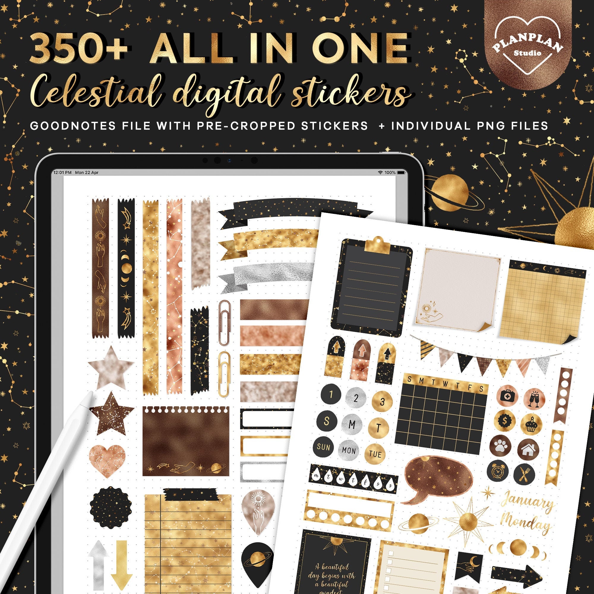 Celestial Digital Planner Stickers, All in One Goodnotes Digital Stickers  in Cosmic Celestial, Gold Foil Stars Digital Planner Stickers 