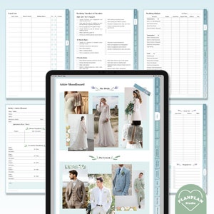 May include: A wedding planning checklist and budget planner with a mood board for the bride and groom. The mood board features photos of wedding attire, including dresses, suits, and accessories.