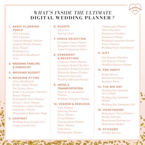 Pu&ograve; includere: Un elenco di controllo rosa e bianco con il titolo "What's Inside the Ultimate Digital Wedding Planner?" L'elenco di controllo &egrave; diviso in 15 sezioni, ciascuna con un numero e un titolo. Le sezioni coprono argomenti come gli strumenti di pianificazione di base, la sequenza temporale del matrimonio, il budget del matrimonio, l'abbigliamento per il matrimonio, gli ospiti, la scelta della location, la cerimonia e il ricevimento, l'hotel e il trasporto, il fornitore e i servizi, il regalo, il pre-party, il grande giorno, la luna di miele e gli adesivi.
