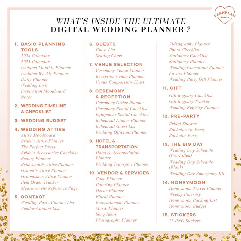 Pu&ograve; includere: Un elenco di controllo rosa e bianco con il titolo "What's Inside the Ultimate Digital Wedding Planner?" L'elenco di controllo &egrave; diviso in 15 sezioni, ciascuna con un numero e un titolo. Le sezioni coprono argomenti come gli strumenti di pianificazione di base, la sequenza temporale del matrimonio, il budget del matrimonio, l'abbigliamento per il matrimonio, gli ospiti, la scelta della location, la cerimonia e il ricevimento, l'hotel e il trasporto, il fornitore e i servizi, il regalo, il pre-party, il grande giorno, la luna di miele e gli adesivi.