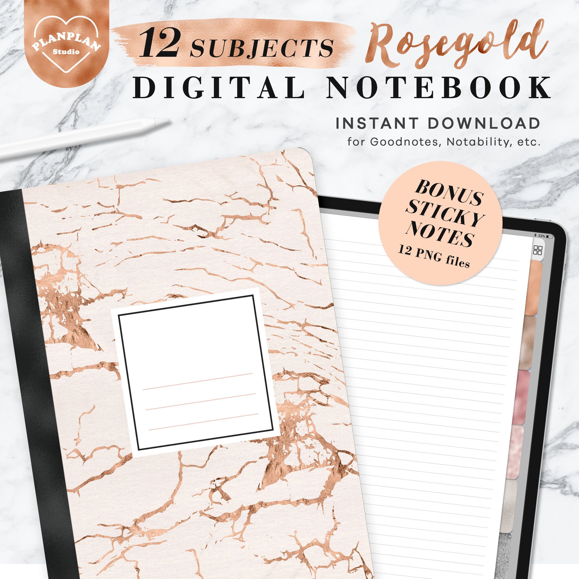 12 Tab Digital Notebook in Rosegold Marble Lined Grid - Etsy