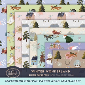 May include: A digital paper pack with eight winter-themed patterns. The patterns feature illustrations of houses, snowmen, reindeer, foxes, and other wintery elements. The patterns are in various colors, including blue, green, pink, and brown. The text "WINTER WONDERLAND" and "DIGITAL PAPER PACK" is included in the image.