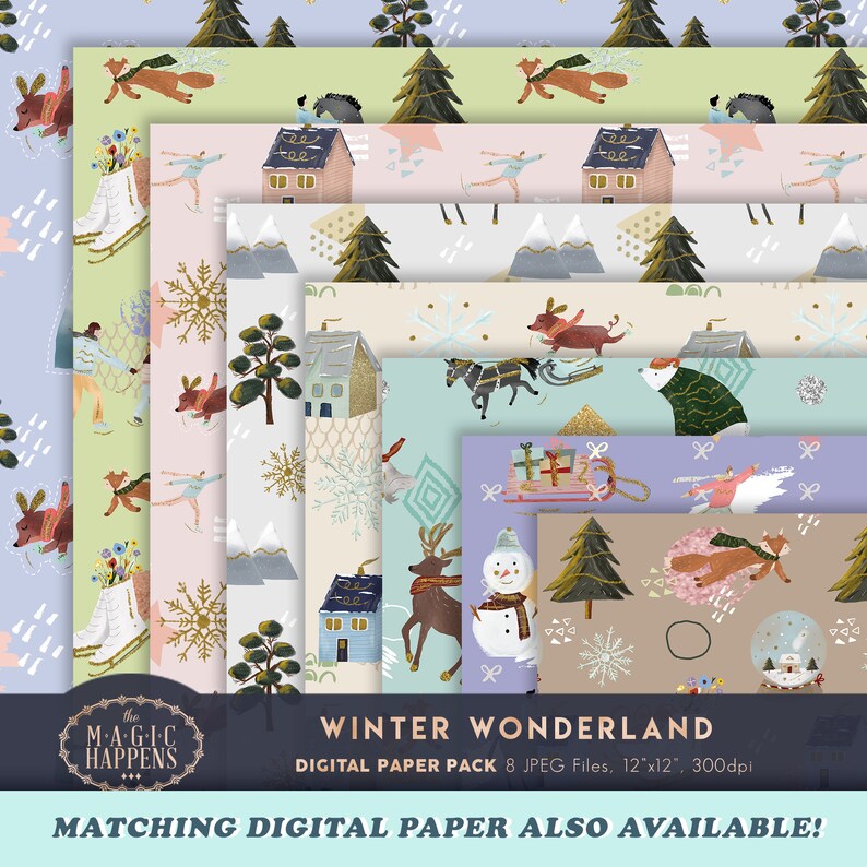 May include: A digital paper pack with eight winter-themed patterns. The patterns feature illustrations of houses, snowmen, reindeer, foxes, and other wintery elements. The patterns are in various colors, including blue, green, pink, and brown. The text "WINTER WONDERLAND" and "DIGITAL PAPER PACK" is included in the image.