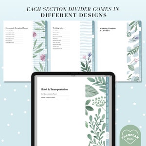May include: A digital planner with different section dividers featuring watercolor floral designs. The dividers include titles such as "Ceremony & Reception Planner", "Wedding Attire", "Hotel & Transportation", and "Wedding Timeline & Checklist".