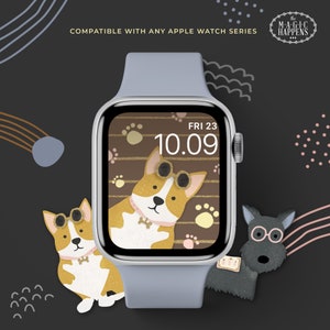 Puede incluir: Una esfera de reloj digital con un fondo a rayas marr&oacute;n y dorado que presenta un corgi de dibujos animados con gafas de sol. La esfera del reloj muestra la hora 10:09 y la fecha FRI 23. El reloj es compatible con cualquier serie de Apple Watch. El texto "The Magic Happens" se muestra en un c&iacute;rculo en la parte superior derecha de la imagen.