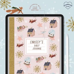 May include: A pink iPad screen with a digital planner app open. The app has a winter-themed design with a repeating pattern of houses, snowflakes, stars, and dogs. The text "Chrissy's Daily Journal" is displayed on the screen.