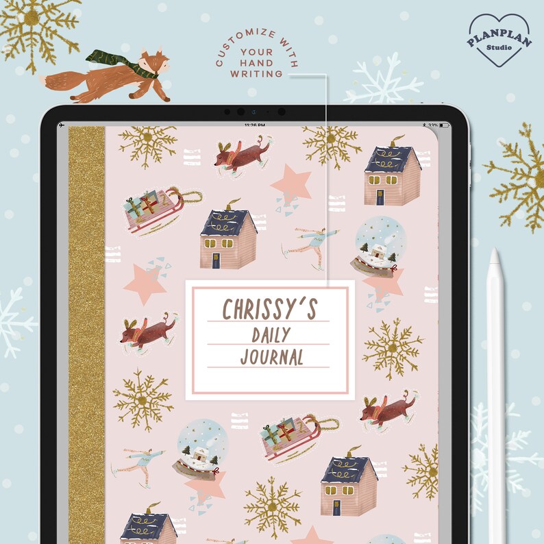 May include: A pink iPad screen with a digital planner app open. The app has a winter-themed design with a repeating pattern of houses, snowflakes, stars, and dogs. The text "Chrissy's Daily Journal" is displayed on the screen.