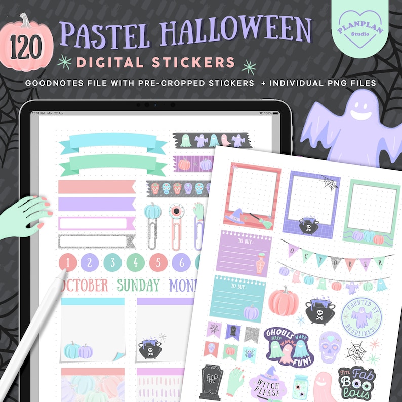 May include: A digital sticker set with 120 pastel-colored Halloween themed stickers. The stickers include ghosts, pumpkins, witches, bats, and more. The stickers are designed for use in digital planners and notebooks.