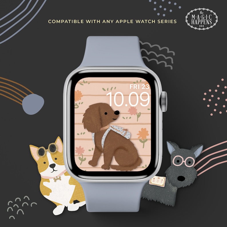 Puede incluir: Un Apple Watch azul con una esfera blanca y un reloj digital que muestra "FRI 23 10:09". La esfera del reloj tiene un fondo rosa con un perro marr&oacute;n que lleva una mochila y flores. El reloj est&aacute; rodeado de tres perros de dibujos animados, uno marr&oacute;n, uno amarillo y uno negro.