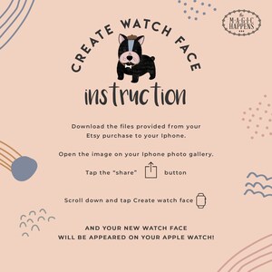 Puede incluir: Instrucciones sobre c&oacute;mo crear una esfera de reloj usando un iPhone. Las instrucciones incluyen descargar archivos de Etsy, abrir la imagen en la galer&iacute;a de fotos del iPhone, tocar el bot&oacute;n "compartir", desplazarse hacia abajo y tocar "Crear esfera de reloj", y luego la nueva esfera de reloj aparecer&aacute; en el Apple Watch.