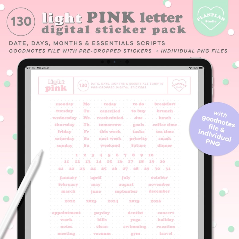Light Pink Pastel Letter Digital Stickers, Essential Planner Stickers ...