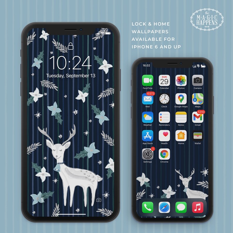 May include: Two iPhone mockups with a winter-themed wallpaper featuring a white deer with antlers and a bell, blue and white flowers, and green holly leaves on a dark blue background with white stripes. The text "10:24" and "Tuesday, September 13" is displayed on the lock screen. The home screen displays a variety of app icons.