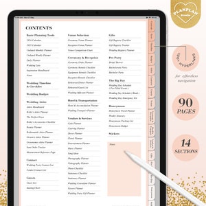 Pu&ograve; includere: Un planner rosa e oro con il titolo "PlanPlan Studio" e il testo "90 Pagine" e "14 Sezioni". Il planner &egrave; progettato per la pianificazione del matrimonio e include sezioni per strumenti di pianificazione di base, selezione della location, regali, cerimonia e ricevimento, pre-festa, il grande giorno, luna di miele e fornitori e servizi.