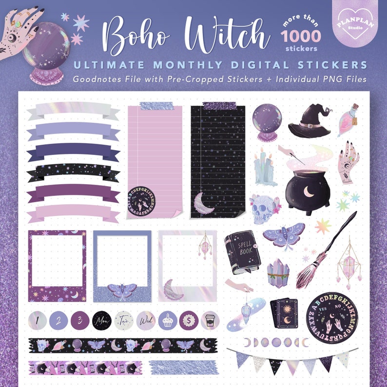 May include: A digital sticker set with a boho witch theme. The set includes over 1,000 stickers, including a crystal ball, a witch's hat, a cauldron, a spell book, and a Ouija board. The stickers are designed for use in digital planners and notebooks.