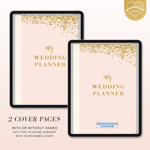 Pu&ograve; includere: Due pagine di copertina di un planner digitale con sfondo rosa e glitter dorati. Il testo "my WEDDING PLANNER" &egrave; su entrambe le pagine. La seconda pagina ha il testo "SHELLEY & RYAN JUNE 14, 2025" in un riquadro.