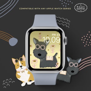 Puede incluir: Un Apple Watch azul con una esfera de reloj digital que muestra "FRI 23" y "10:09". La esfera del reloj tiene un fondo amarillo con una ilustraci&oacute;n en blanco y negro de un perro con gafas. El reloj est&aacute; rodeado de un fondo negro con formas abstractas de colores.