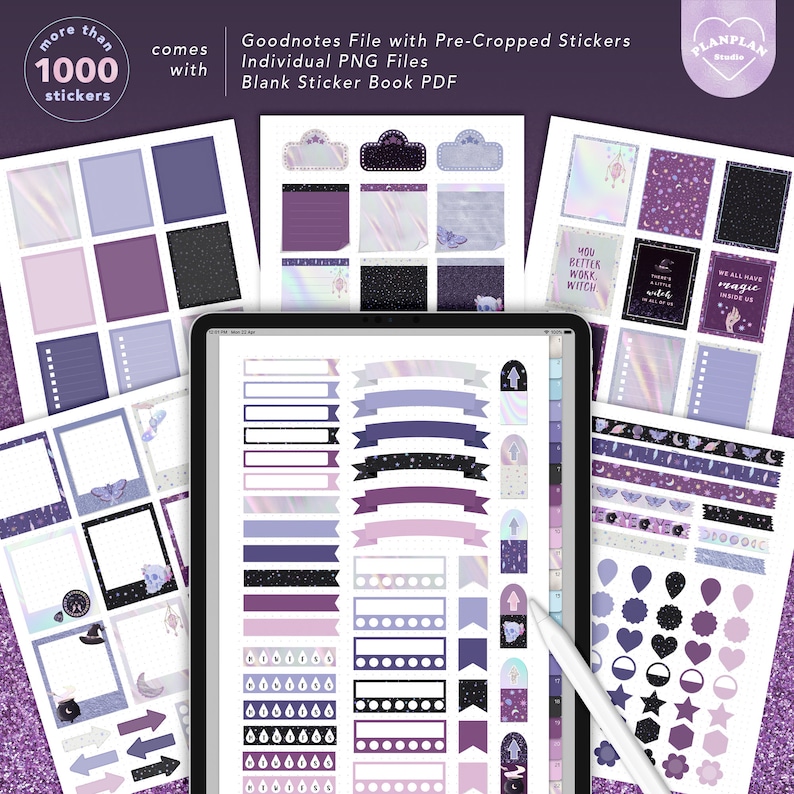 May include: A digital planner page with over 1000 purple and black stickers. The stickers include banners, frames, stars, moons, and other shapes. The stickers are designed for use in the Goodnotes app.