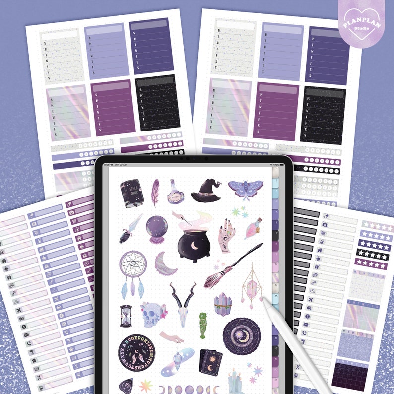 May include: A digital planner with a variety of stickers featuring a witchy theme. The stickers include a cauldron, a crystal ball, a wand, a skull, a book, a moon, a witch's hat, and more. The stickers are in shades of purple, black, and white.