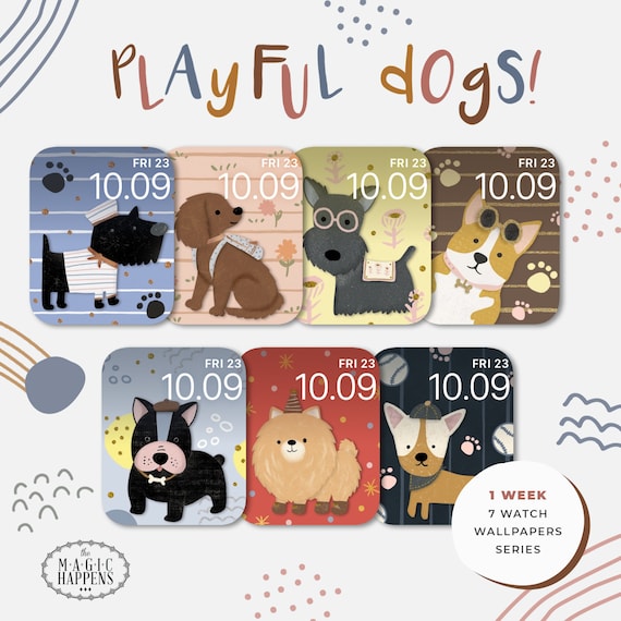 Apple Watch Face Playful Dogs, Apple Watch Wallpaper Cute Dogs, iWatch Wallpaper Design in Cute Puppy, Hand Drawn Doggie Watchface Wallpaper